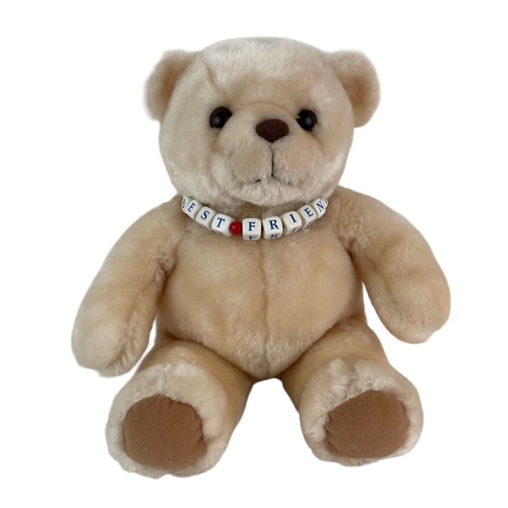 Cream Tan Teddy Bear 10" Plush‎ Best Friends Beaded Necklace Stuffed Animal Toy